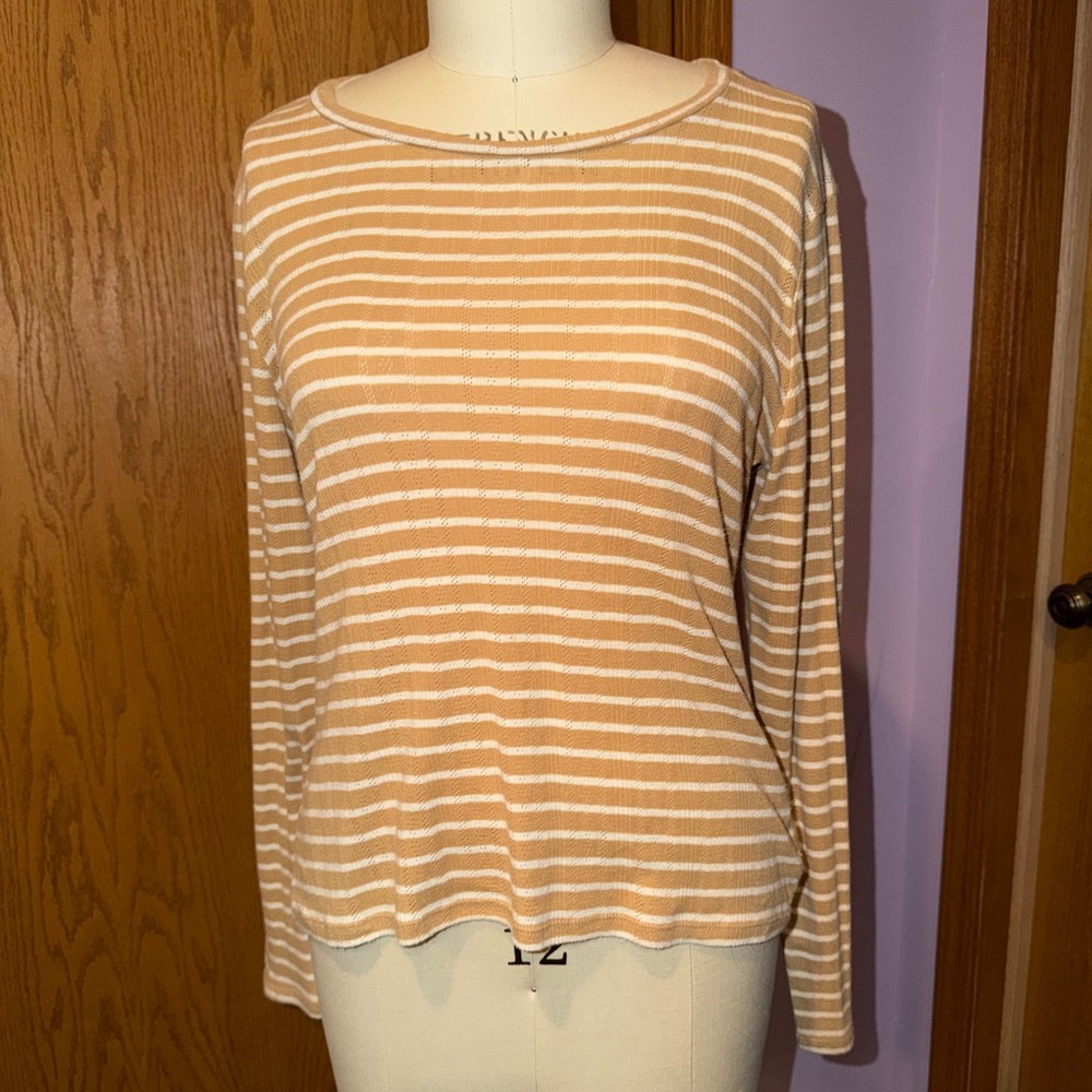 American Eagle Top Women XL Yellow Striped Pointelle Knit Long Sleeve Crew Neck